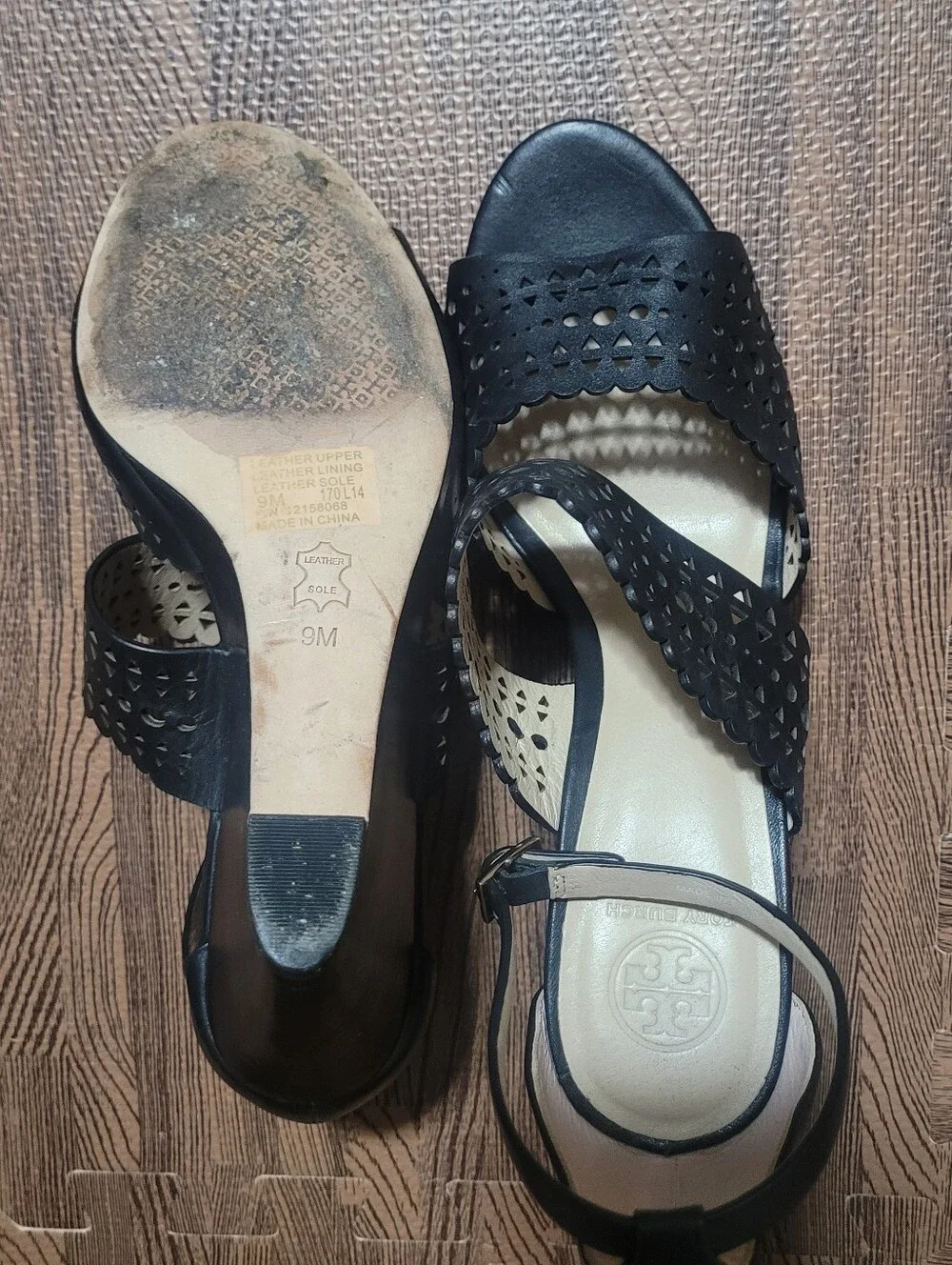 Tory Burch Nutria black perforated laser-cut leather gladiator wedge sandals  9M